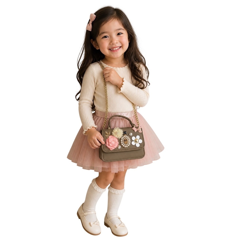 Girls Taupe Floral Applique Crossbody Bag Gold Chain Strap Mini Top Handle Purse